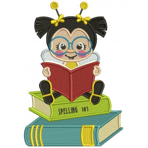 Little Bee Wearing Glasses Reading Book School Filled Machine Embroidery Design Digitized Pattern
